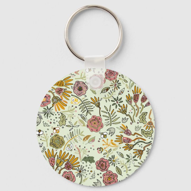 Whimsical Wildflower Garden & Bumblebee Pattern Key Ring (Front)