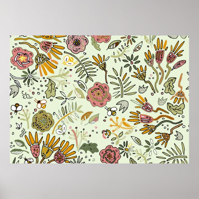 Whimsical Wildflower Garden & Bumblebee Pattern Poster (Front)