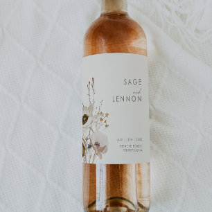 Whimsical Wildflower Ivory Wedding Wine Label