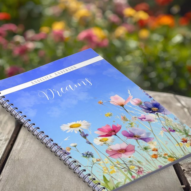 Whimsical Wildflower Meadow Blue sky Custom  Notebook (Whimsical Wildflower Meadow Blue sky Custom Notebook)