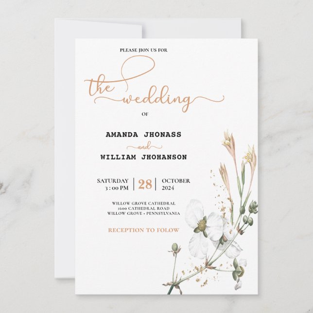 Whimsical Wildflower Meadow calligraphy Wedding Invitation (Front)