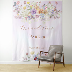 Whimsical Wildflower Pink Wedding Backdrop Tapestry