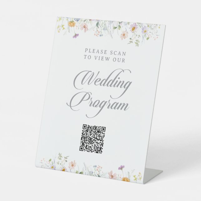Whimsical Wildflower QR Code Wedding Program Pedestal Sign (Front)