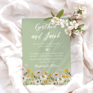 Whimsical Wildflower Sage Green Butterfly Wedding Invitation