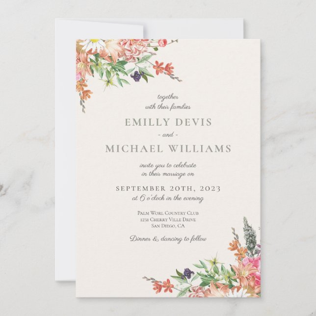 Whimsical Wildflower Sage Green Wedding Invitation (Front)