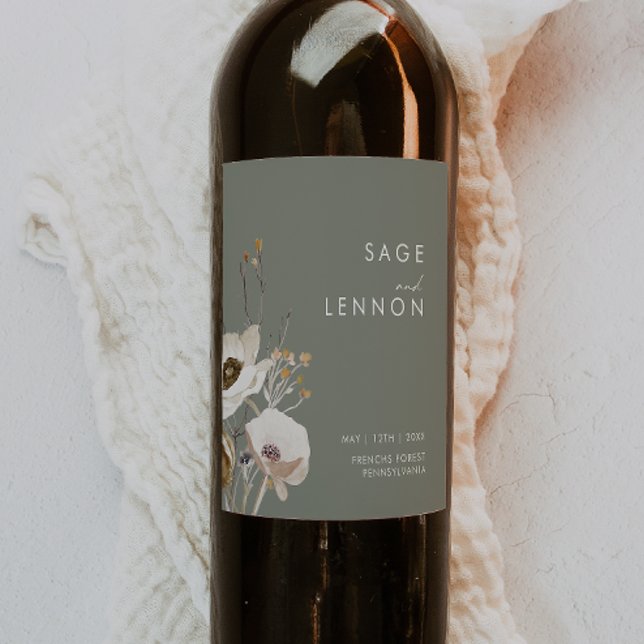 Whimsical Wildflower | Sage Green Wedding Wine Label (Creator Uploaded)