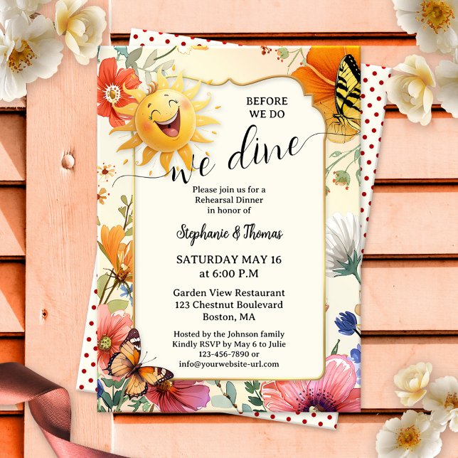 Whimsical Wildflower Watercolor Rehearsal Dinner Invitation (Rehearsal dinner invitation featuring a watercolor wildflower design with a laughing happy sun)