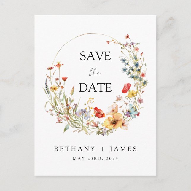 Whimsical Wildflower Wedding Save the Date Invitation Postcard (Front)