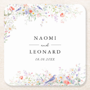 Whimsical Wildflowers & Blue Birds Watercolor Square Paper Coaster