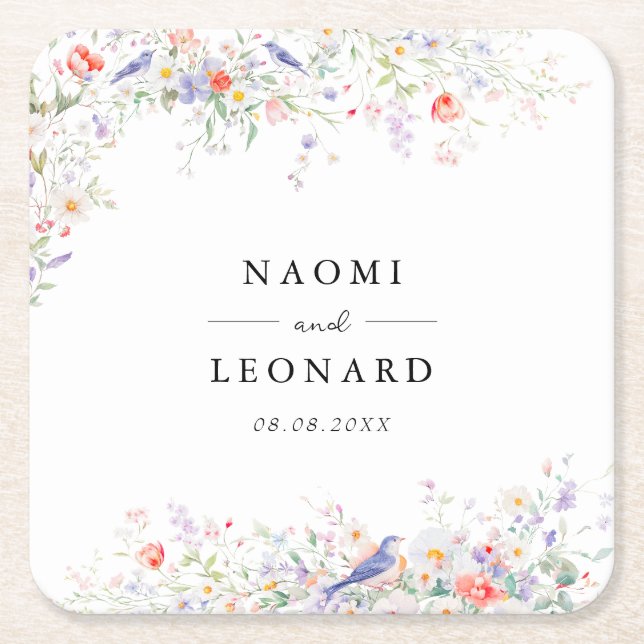 Whimsical Wildflowers & Blue Birds Watercolor Square Paper Coaster (Front)