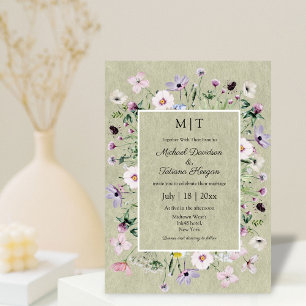 whimsical wildflowers garden green kraft wedding invitation