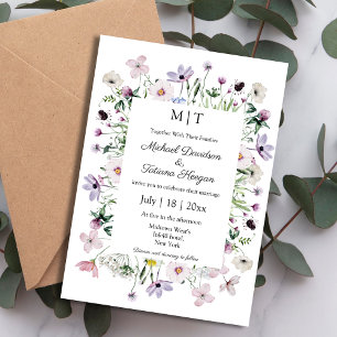 whimsical wildflowers garden monogram wedding invitation