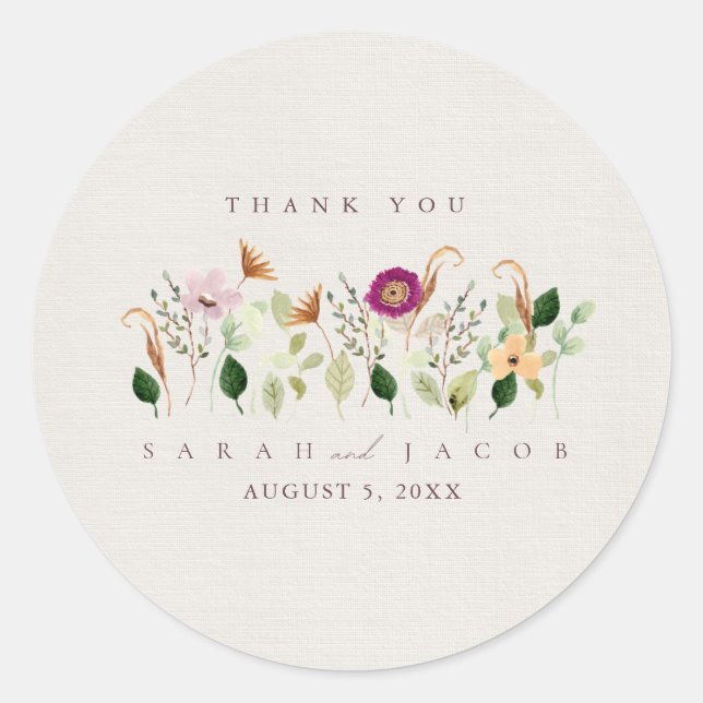 Whimsical Wildflowers Garden Wedding Classic Round Sticker (Front)