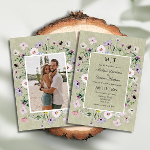 whimsical wildflowers green kraft photo wedding  invitation