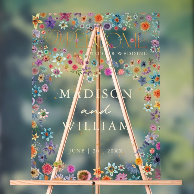 Whimsical Wildflowers Heart Welcome to Our Wedding Acrylic Sign (Neutral)