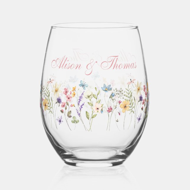 Whimsical Wildflowers Meadow Wedding  Stemless Wine Glass (Front)