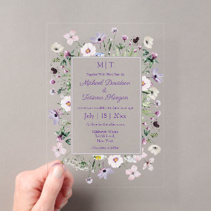 whimsical wildflowers monogram purple wedding acrylic invitations