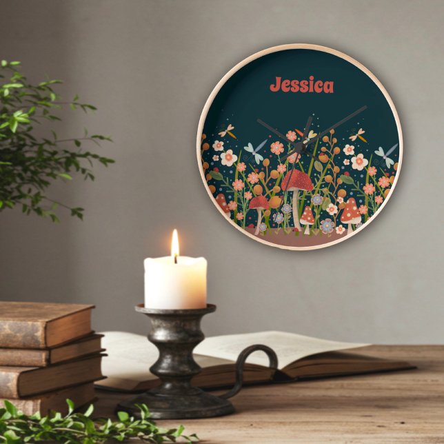 Whimsical Wildflowers Mushrooms Personalised  Square Wall Clock (Creator Uploaded)