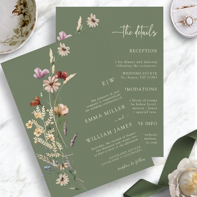 Whimsical Wildflowers Sage Green All In One Invitation (Whimsical Wildflowers Sage Green  Boho Wedding Invitation Details by Painted Paperie
)