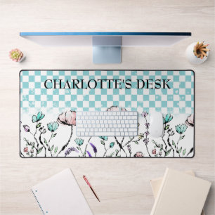 Whimsical Wildflowers with Chequered Pattern Desk Mat