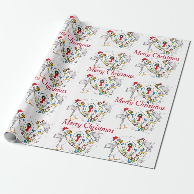 Whimsical Wildlife Christmas Puffin Wrapping Paper (Unrolled)