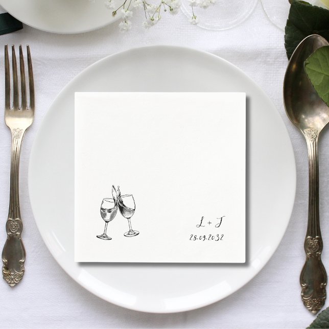 Whimsical Wine Glasses Cocktail Initials Wedding Napkin (Creator Uploaded)