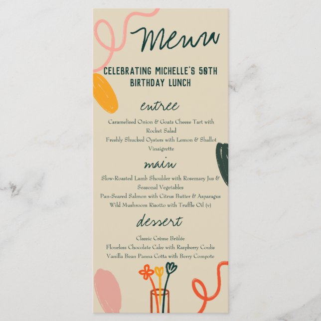 Whimsical Winery Lunch Dinner Birthday  Menu (Front)