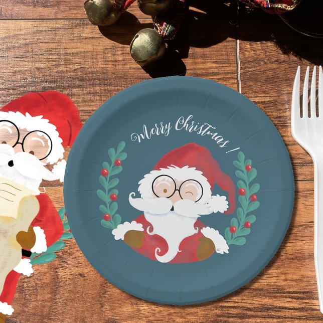 Whimsical Winking Santa Blue Christmas Paper Plate (Winking Santa Claus blue Holiday paper plates .)