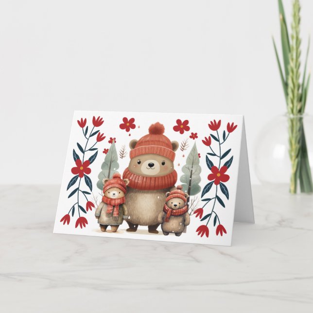 Whimsical Winter Bears & Florals Christmas Card (Front)