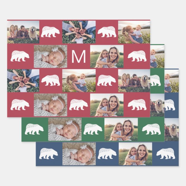 Whimsical Winter Bears Monogram Photo Collage Wrapping Paper Sheet (Set)