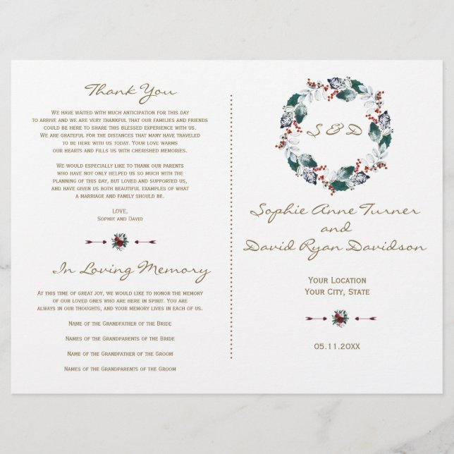 Whimsical Winter Berries Wreath Wedding Program (Front)