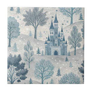 Whimsical Winter Castle Landscape in Blue & Grey Ceramic Tile