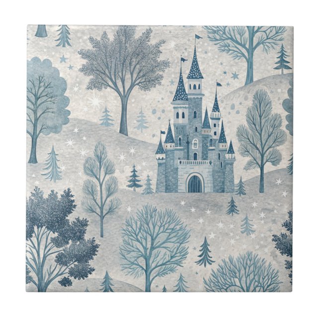 Whimsical Winter Castle Landscape in Blue & Grey Ceramic Tile (Front)