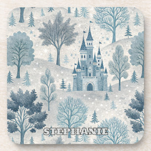 Whimsical Winter Castle Landscape in Blue & Grey Coaster