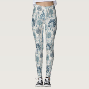 Whimsical Winter Castle Landscape in Blue & Grey Leggings