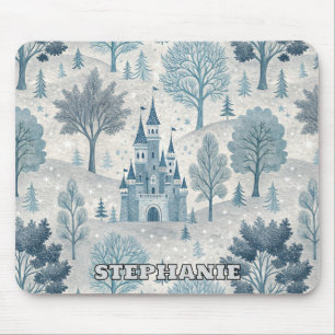 Whimsical Winter Castle Landscape in Blue & Grey Mouse Pad