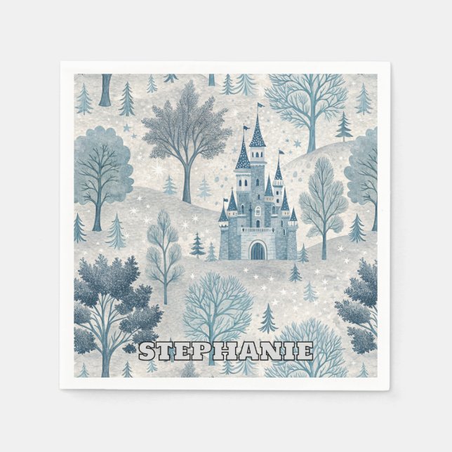 Whimsical Winter Castle Landscape in Blue & Grey Napkin (Front)