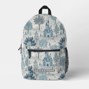 Whimsical Winter Castle Landscape in Blue & Grey Printed Backpack