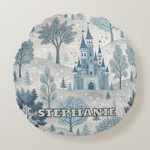 Whimsical Winter Castle Landscape in Blue & Grey Round Cushion