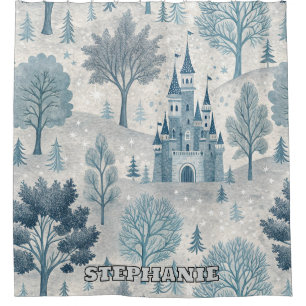 Whimsical Winter Castle Landscape in Blue & Grey Shower Curtain