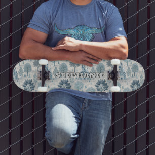 Whimsical Winter Castle Landscape in Blue & Grey Skateboard