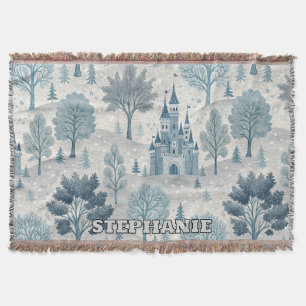 Whimsical Winter Castle Landscape in Blue & Grey Throw Blanket