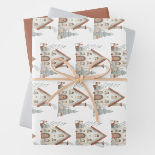 Whimsical Winter Christmas House Watercolor Wrapping Paper Sheet
