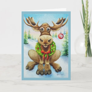 Whimsical Winter Christmas Moose Watercolor Art Card
