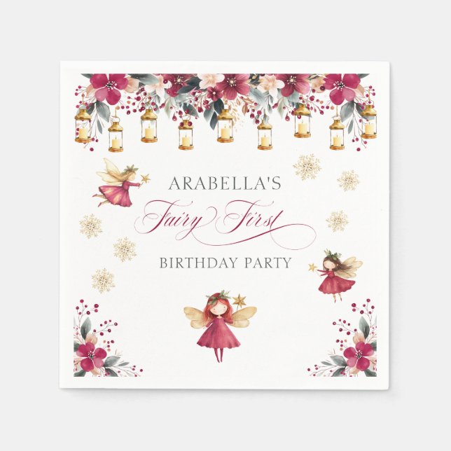 Whimsical Winter Fairy First Birthday Party Napkin (Front)