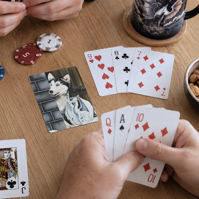 Whimsical Winter Fantasy Husky Dog Dragon Castle Playing Cards (Creator Uploaded)
