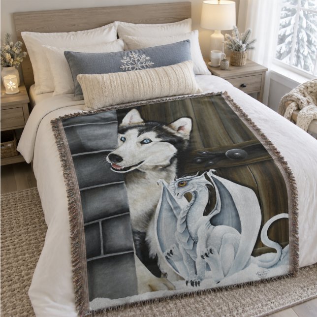 Whimsical Winter Fantasy Husky Dog Dragon Castle Throw Blanket (Creator Uploaded)