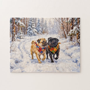 Whimsical Winter Forest Mops Dog Illustration Jigsaw Puzzle