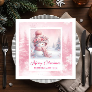 Whimsical Winter Forest Pink Snowman Christmas Napkin