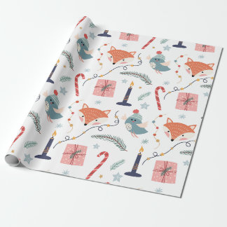 Whimsical Winter Fox & Bird Holiday Pattern Wrapping Paper